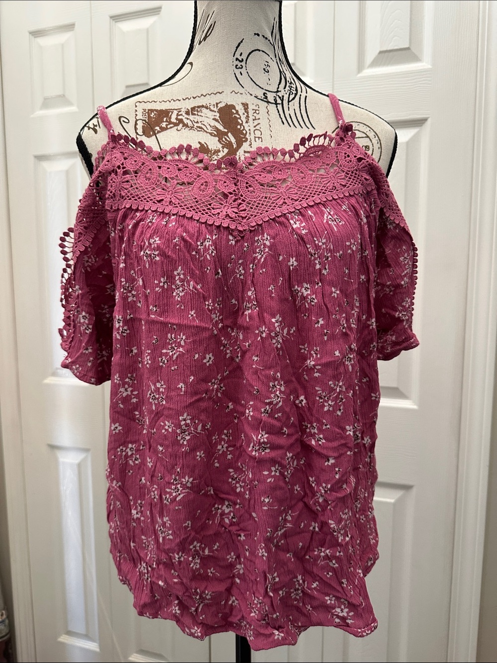 Kingston Raspberry Pink Cold-Shoulder Crochet Trim Top - 5/$25 Deal
